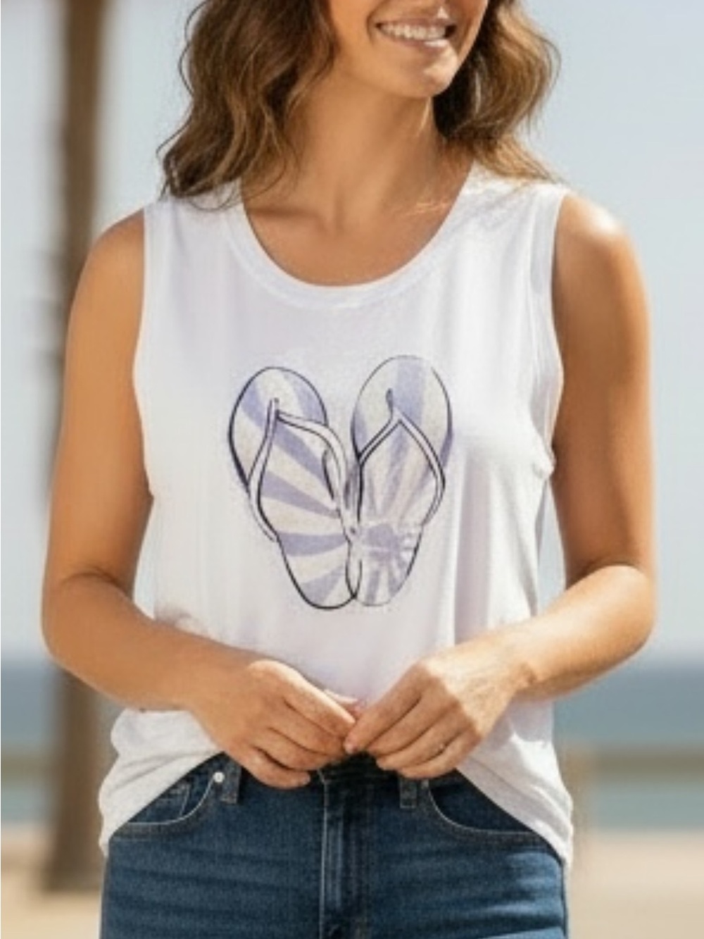 Life Is Good White Tank Sleeveless Blue Flip Flop Graphic